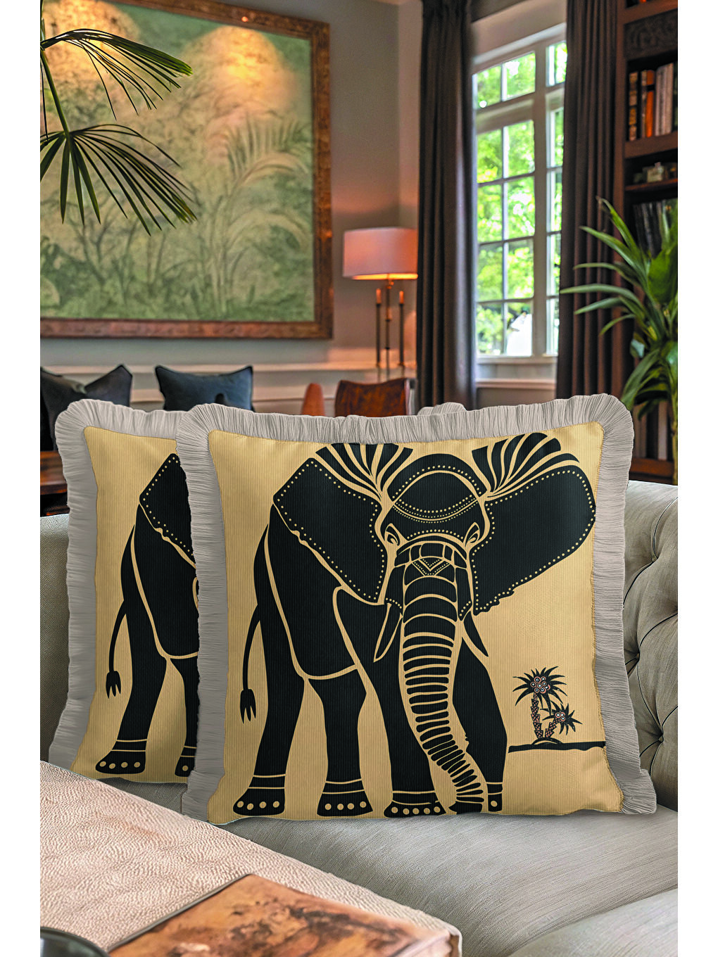 Karışık Afrika Esintili Fil Figürlü Saçaklı Yastık Kılıfı - Etnik Safari Temalı Püsküllü Kırlent Kılıfı-7