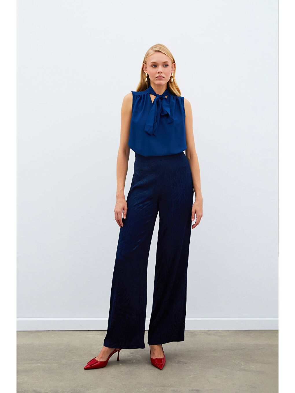 Desenli Saten Pantolon - Lacivert-1