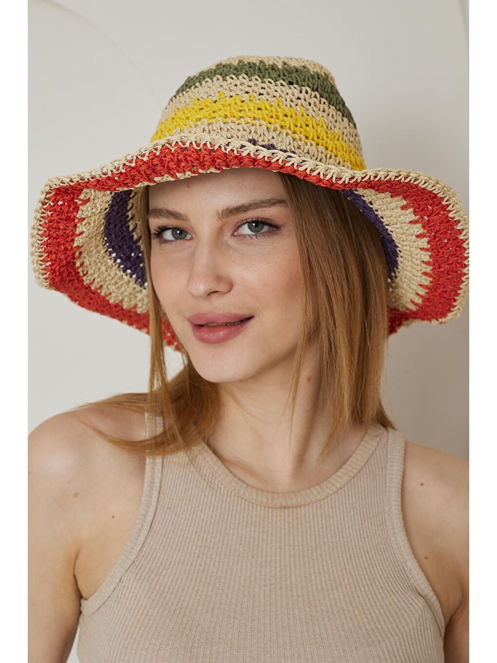 Kadın Ekru El Örgülü Hasır Şapka - Farah