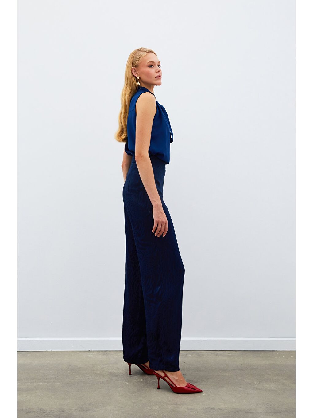 Desenli Saten Pantolon - Lacivert-2