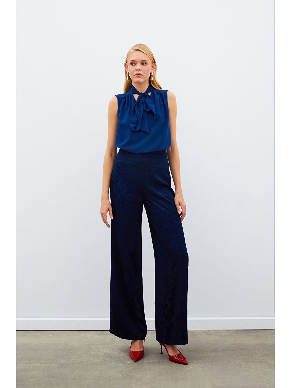 Desenli Saten Pantolon - Lacivert-3