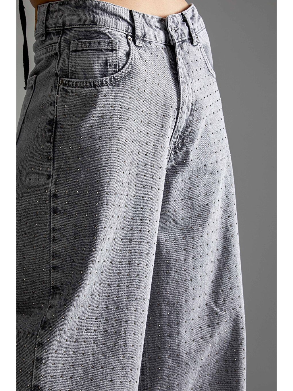 Gri Kadın Füme Renk 3s5-12 Palazzo Fit Parlak Taş Detaylı Tasarım Denim Jean-2