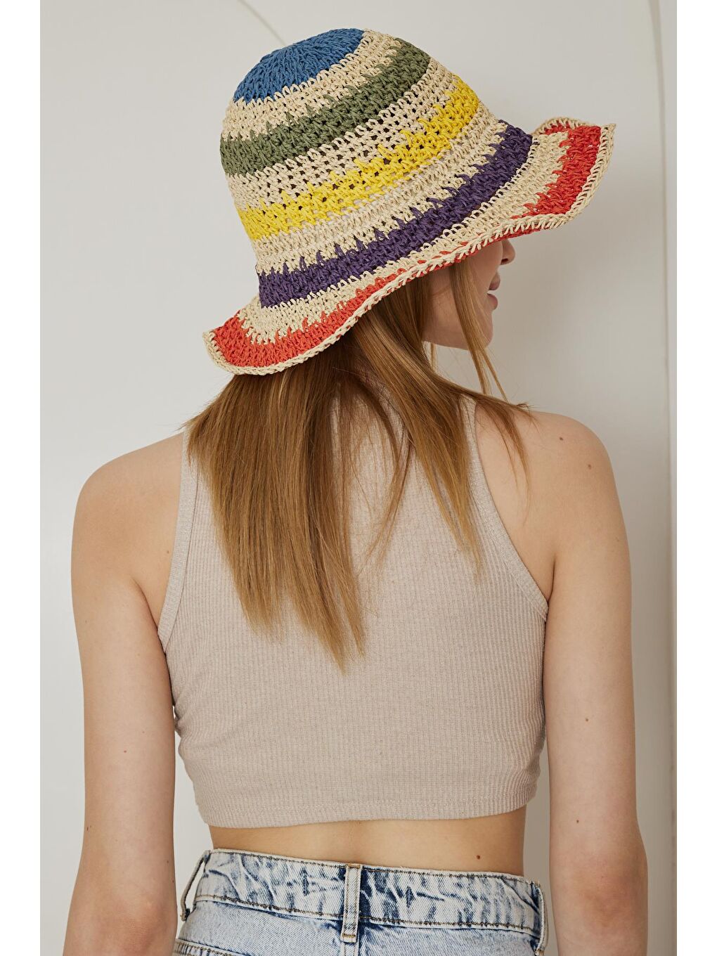 Kadın Ekru El Örgülü Hasır Şapka - Farah-1