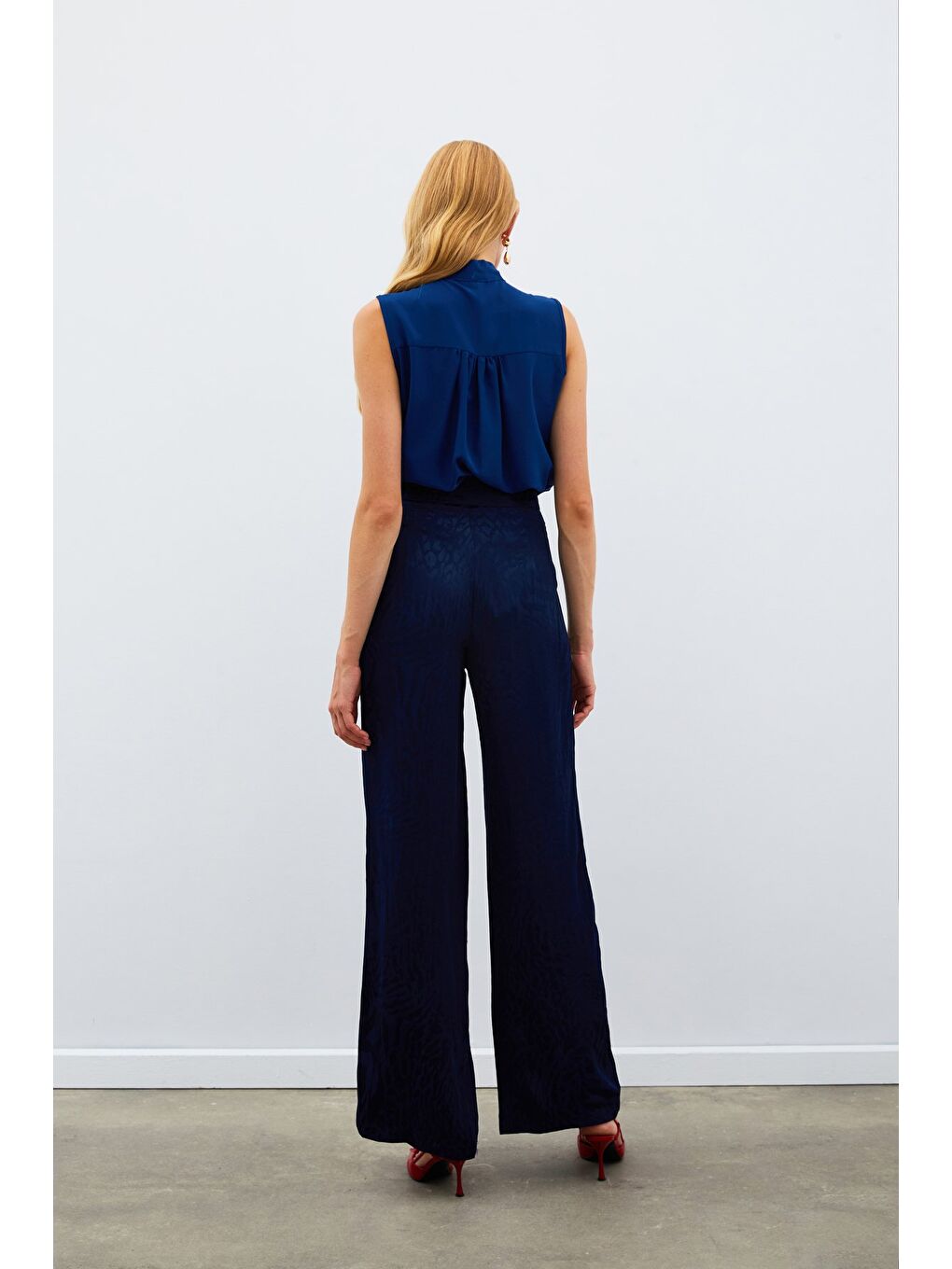 Desenli Saten Pantolon - Lacivert-6