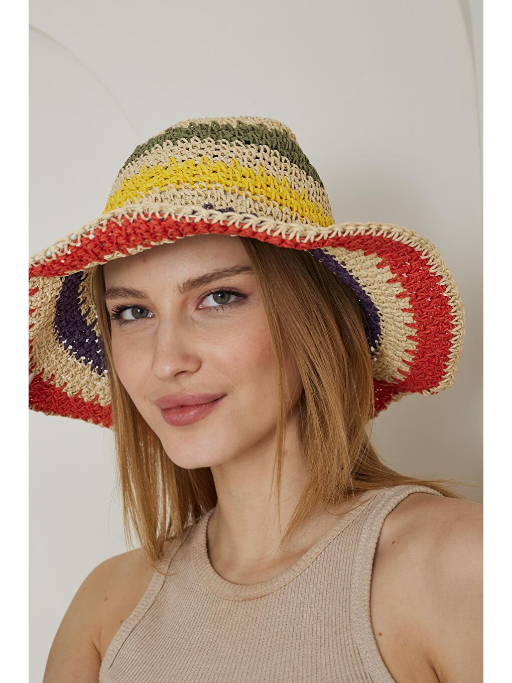 Kadın Ekru El Örgülü Hasır Şapka - Farah-2