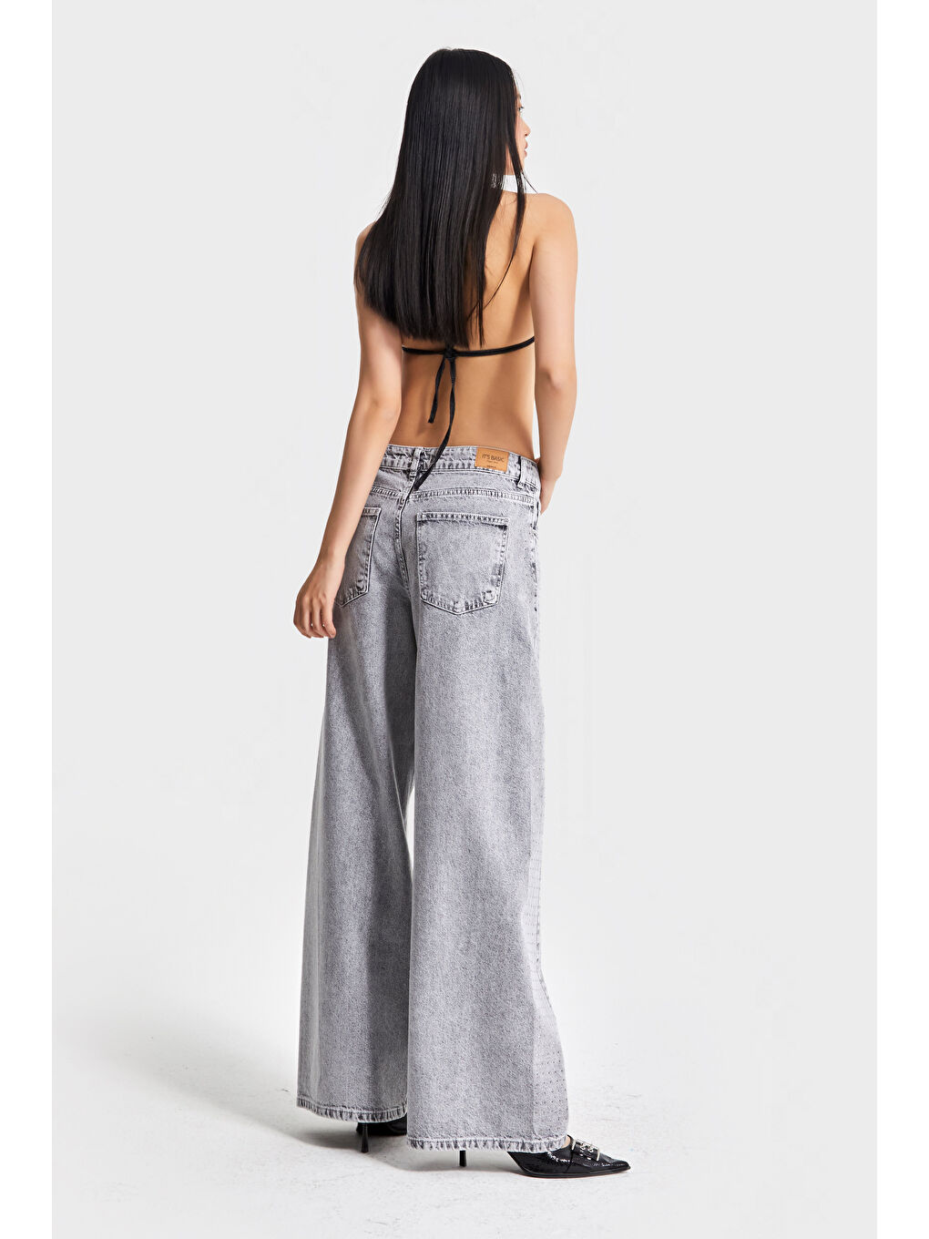 Gri Kadın Füme Renk 3s5-12 Palazzo Fit Parlak Taş Detaylı Tasarım Denim Jean-3