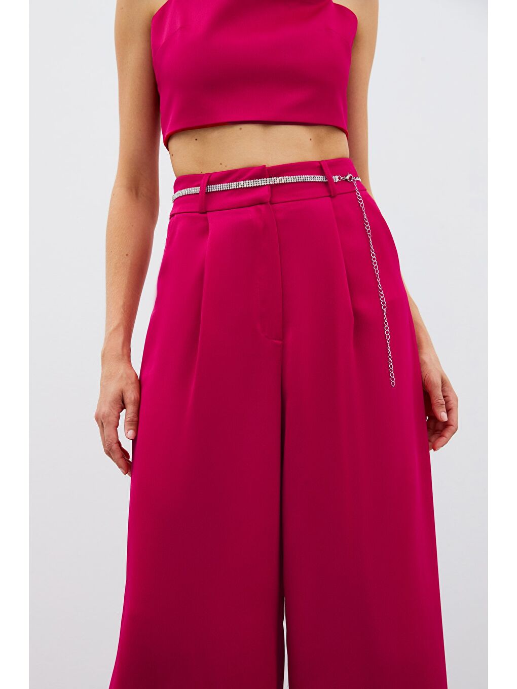 Taş Kemerli Saten Pantolon - Mercan-4