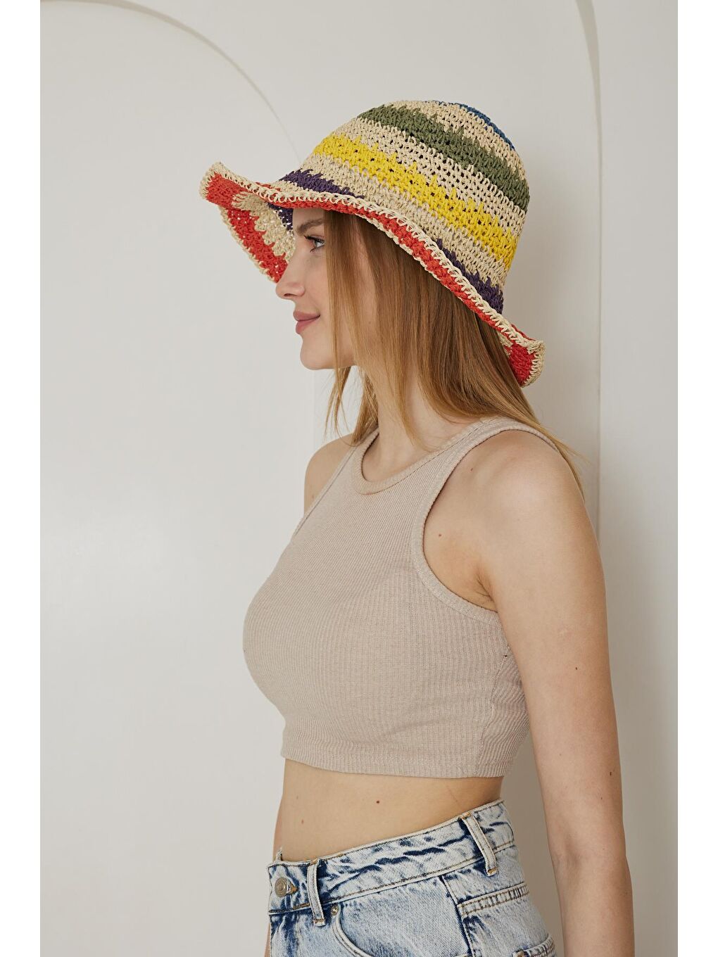 Kadın Ekru El Örgülü Hasır Şapka - Farah-3