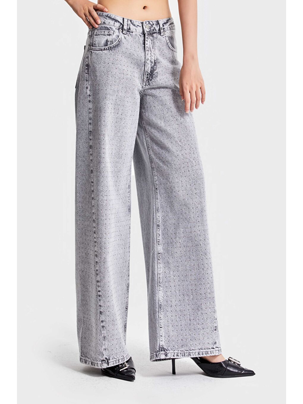 Gri Kadın Füme Renk 3s5-12 Palazzo Fit Parlak Taş Detaylı Tasarım Denim Jean-4