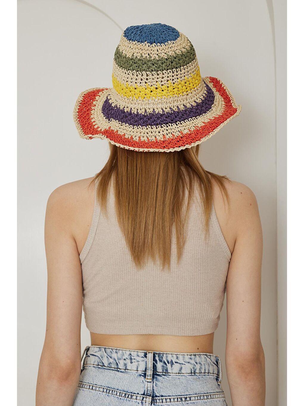 Kadın Ekru El Örgülü Hasır Şapka - Farah-4