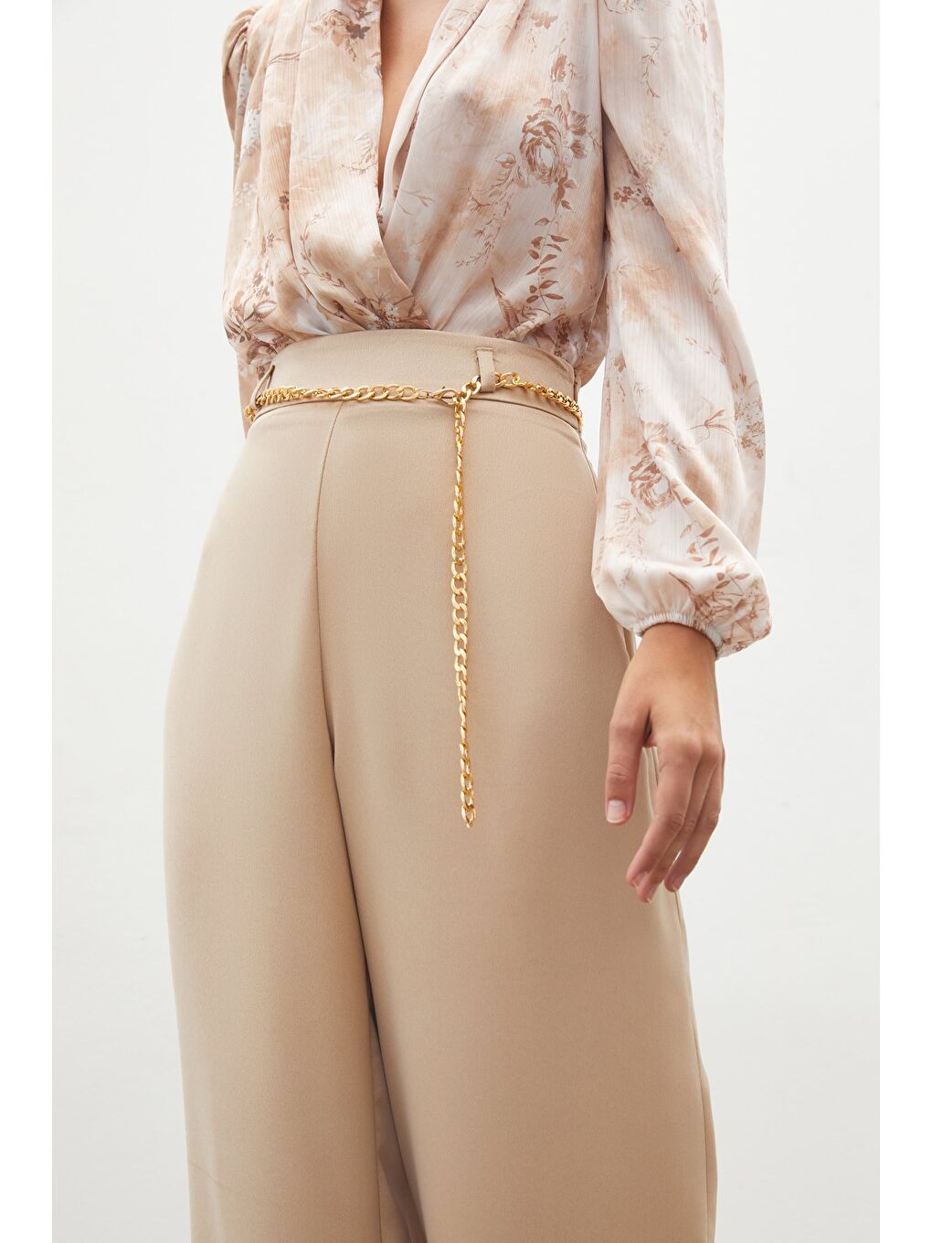Zincirli Saten Krep Pantolon - Bej-6