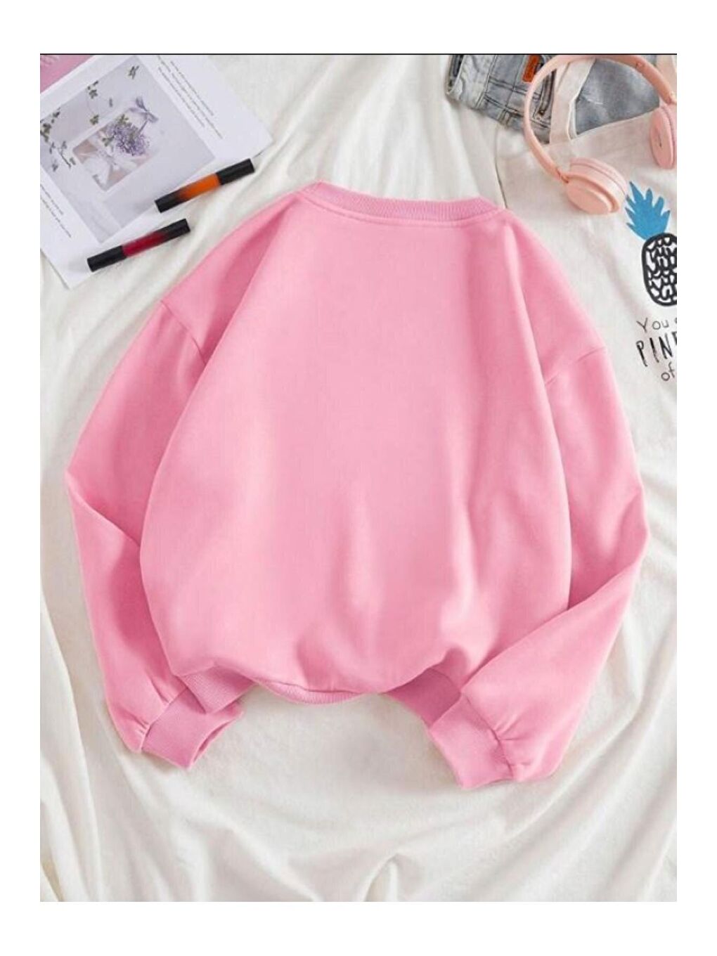 Kadın Pembe Utangaç Ayıcık Baskılı Bisiklet Yaka Sweatshirt-1