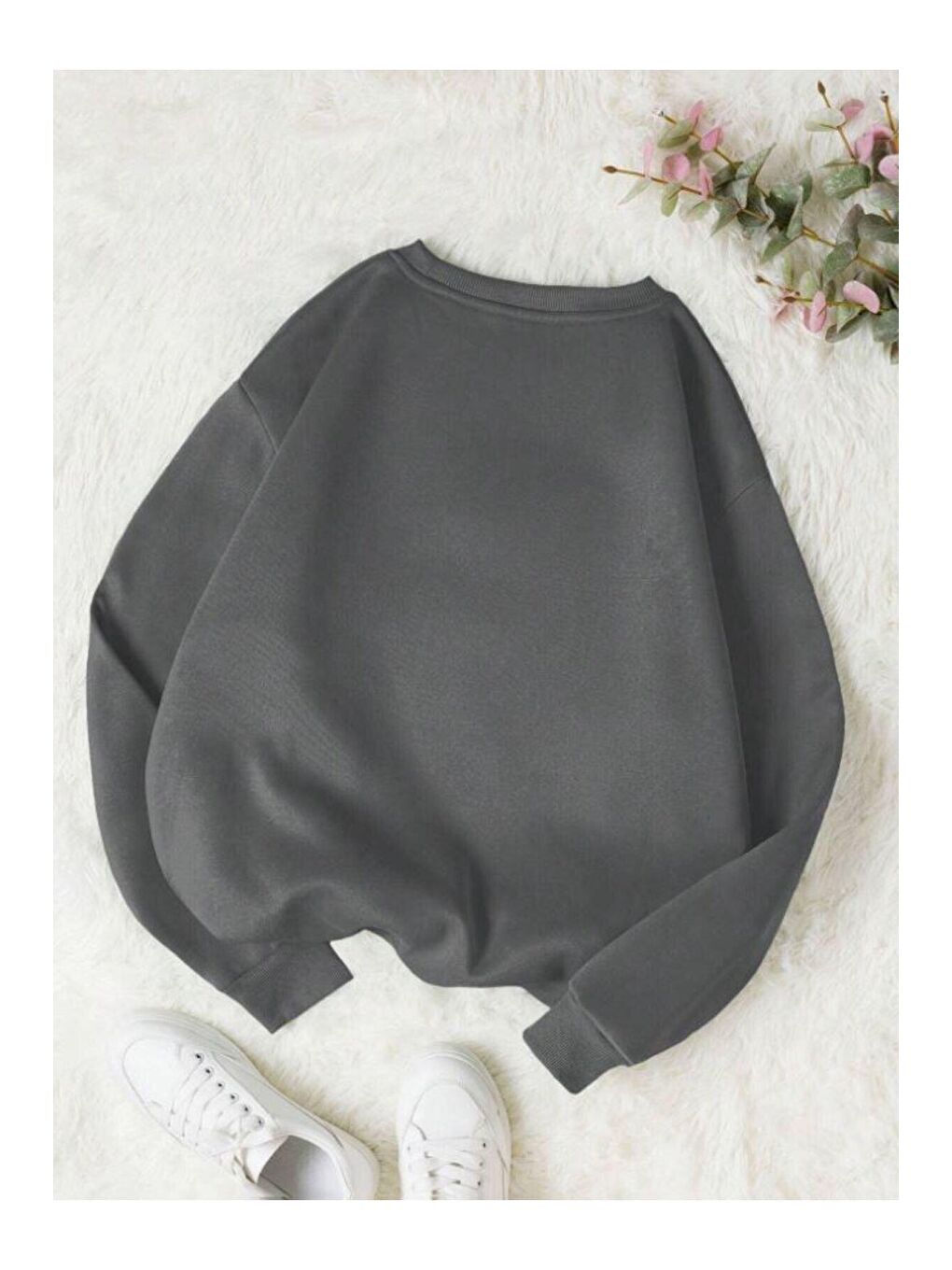 Gri Kadın Füme Utangaç Ayıcık Baskılı Bisiklet Yaka Sweatshirt-1