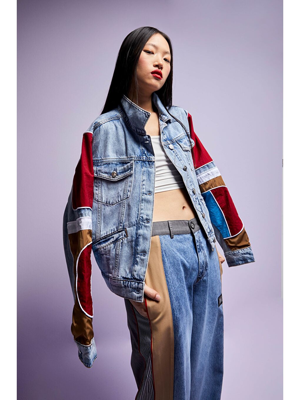 Mavi Kadın Tint Kırmızı Renk Çift Parça Kumaş Oversize Özel Tasarım Denim Ceket-2