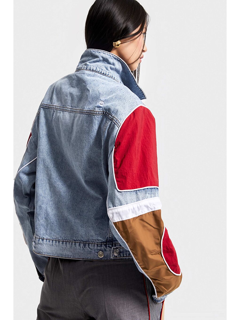 Mavi Kadın Tint Kırmızı Renk Çift Parça Kumaş Oversize Özel Tasarım Denim Ceket-3