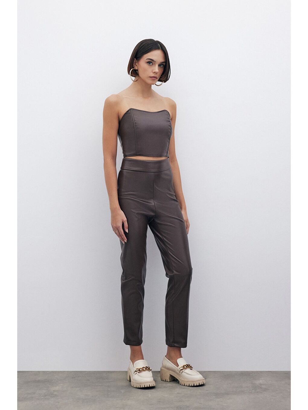 Kahverengi Yüksek Bel Deri Pantolon - Kahve