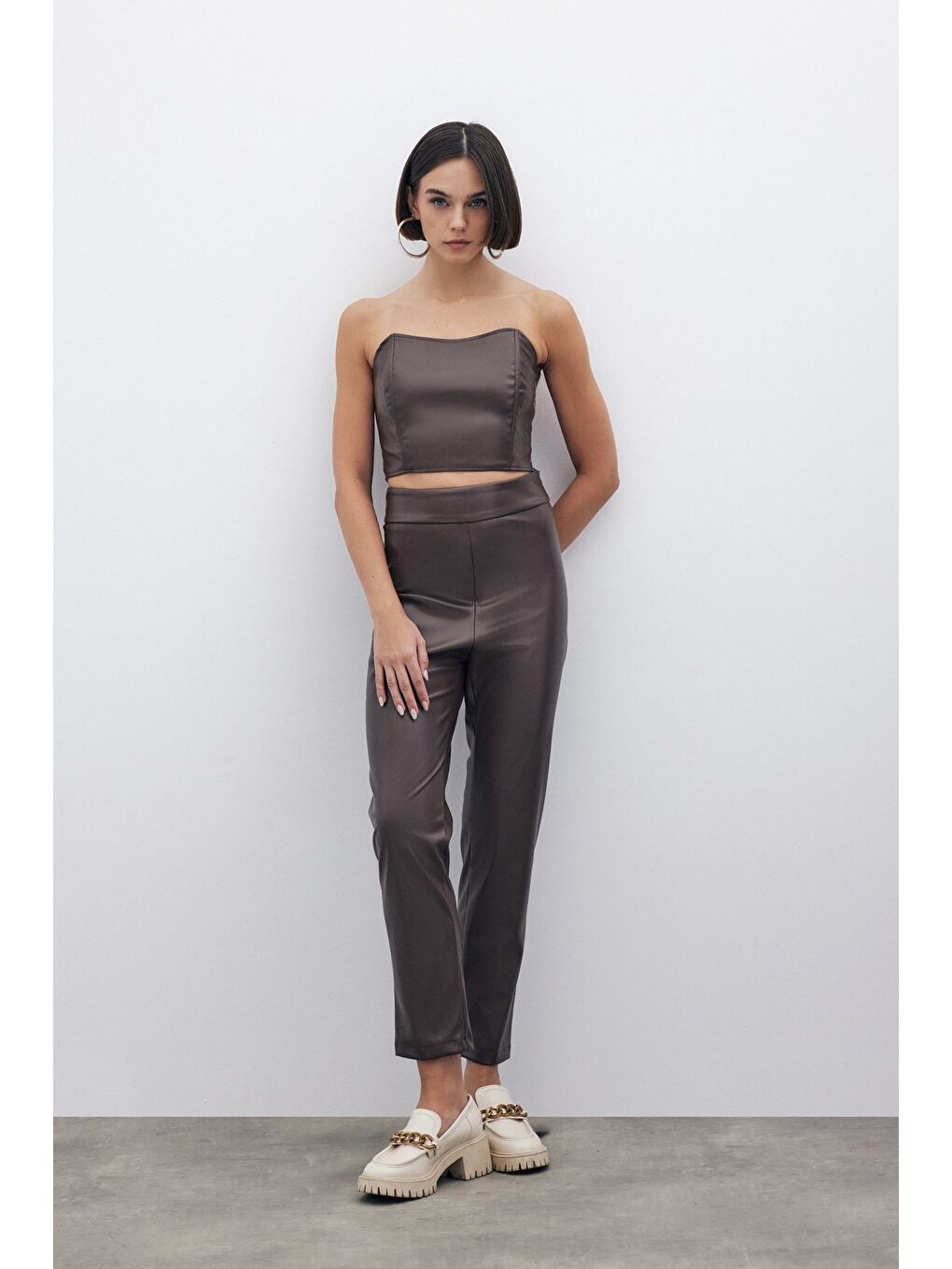 Kahverengi Yüksek Bel Deri Pantolon - Kahve-1