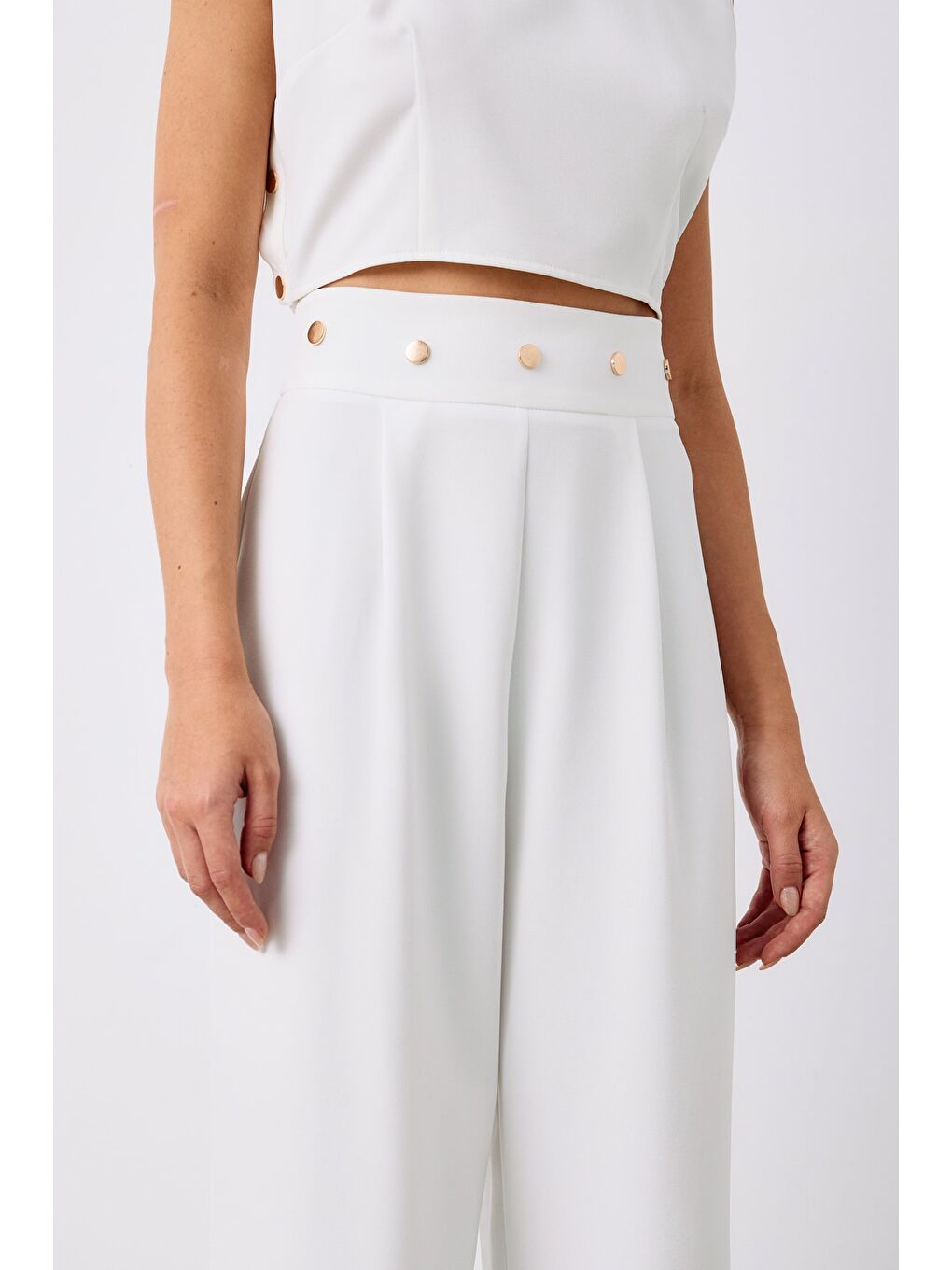 Bel Aksesuarlı Pantolon - Ekru-4
