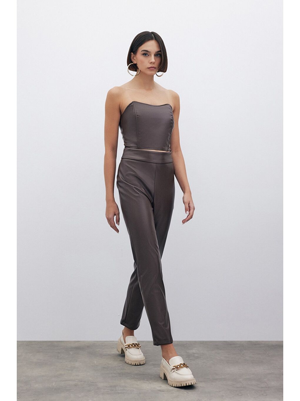 Kahverengi Yüksek Bel Deri Pantolon - Kahve-2