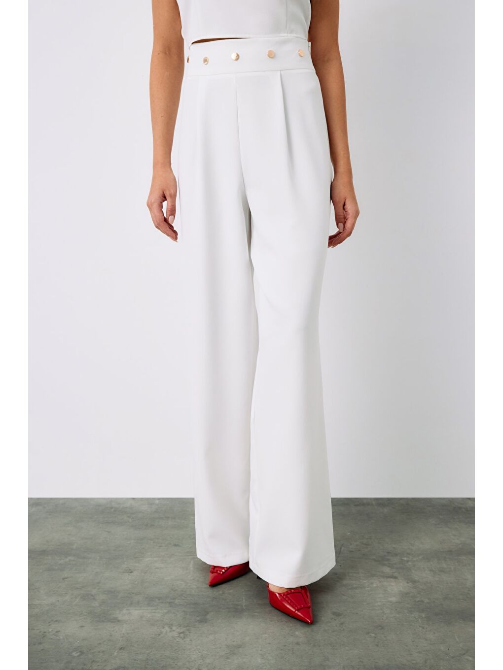 Bel Aksesuarlı Pantolon - Ekru-5