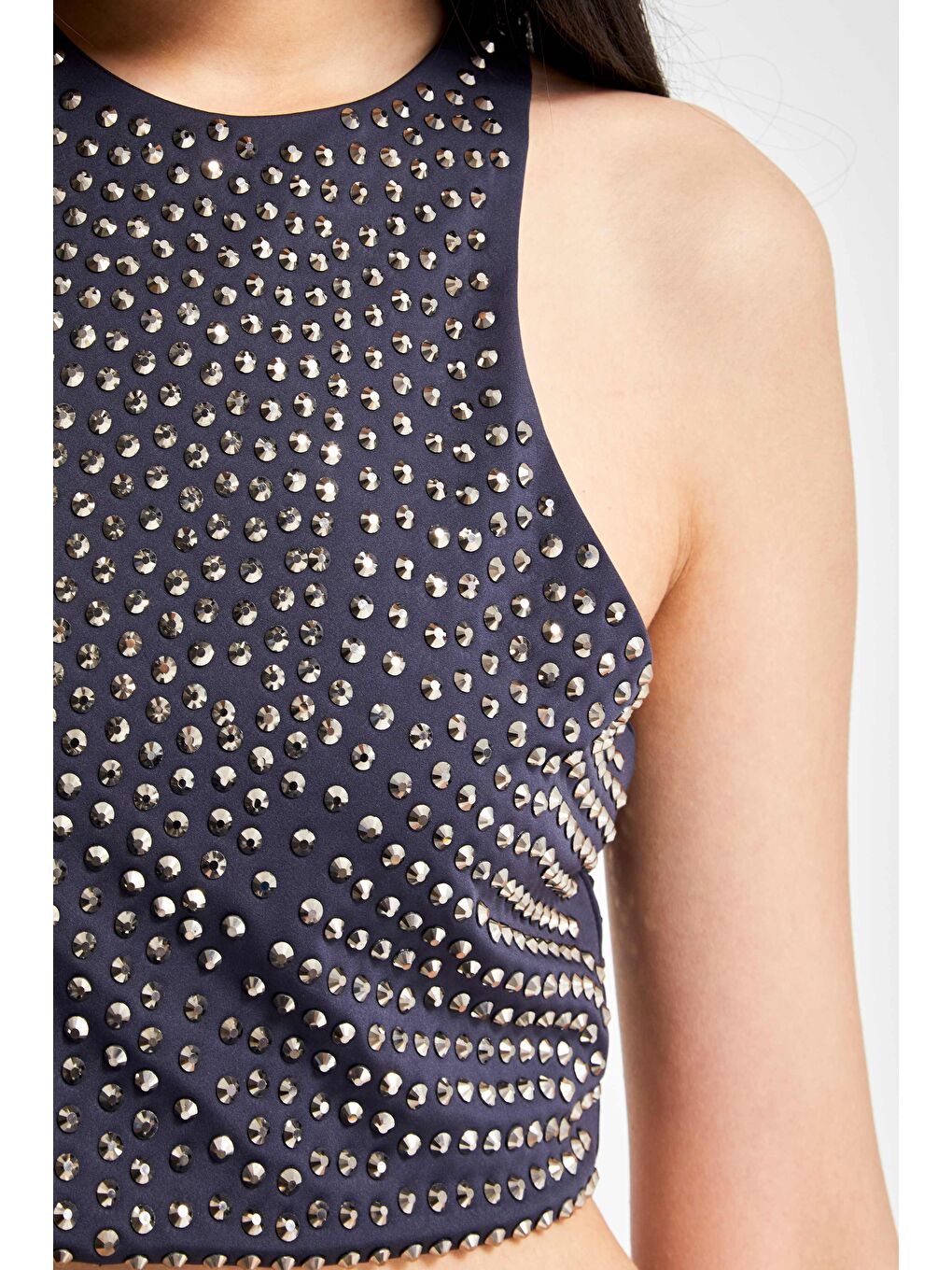 Kadın Lacivert Renk Halter Yaka Parlak Yapıştırma Taşlı Tasarım Crop Top-3