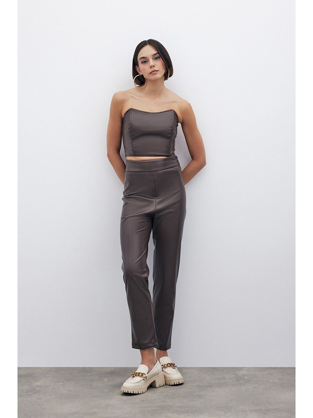 Kahverengi Yüksek Bel Deri Pantolon - Kahve-3