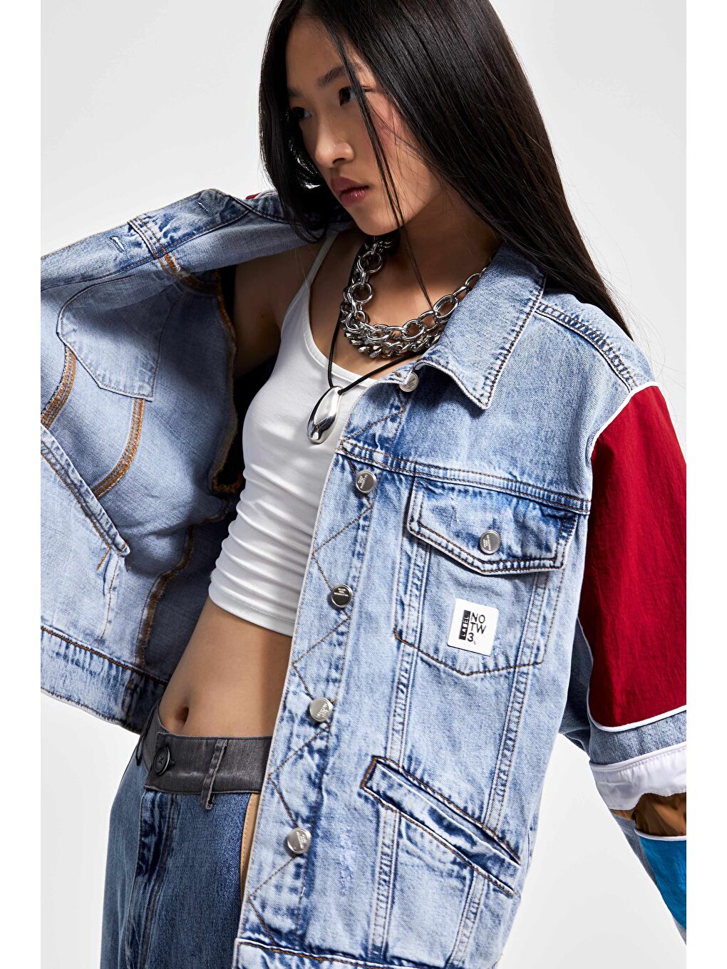 Mavi Kadın Tint Kırmızı Renk Çift Parça Kumaş Oversize Özel Tasarım Denim Ceket-5