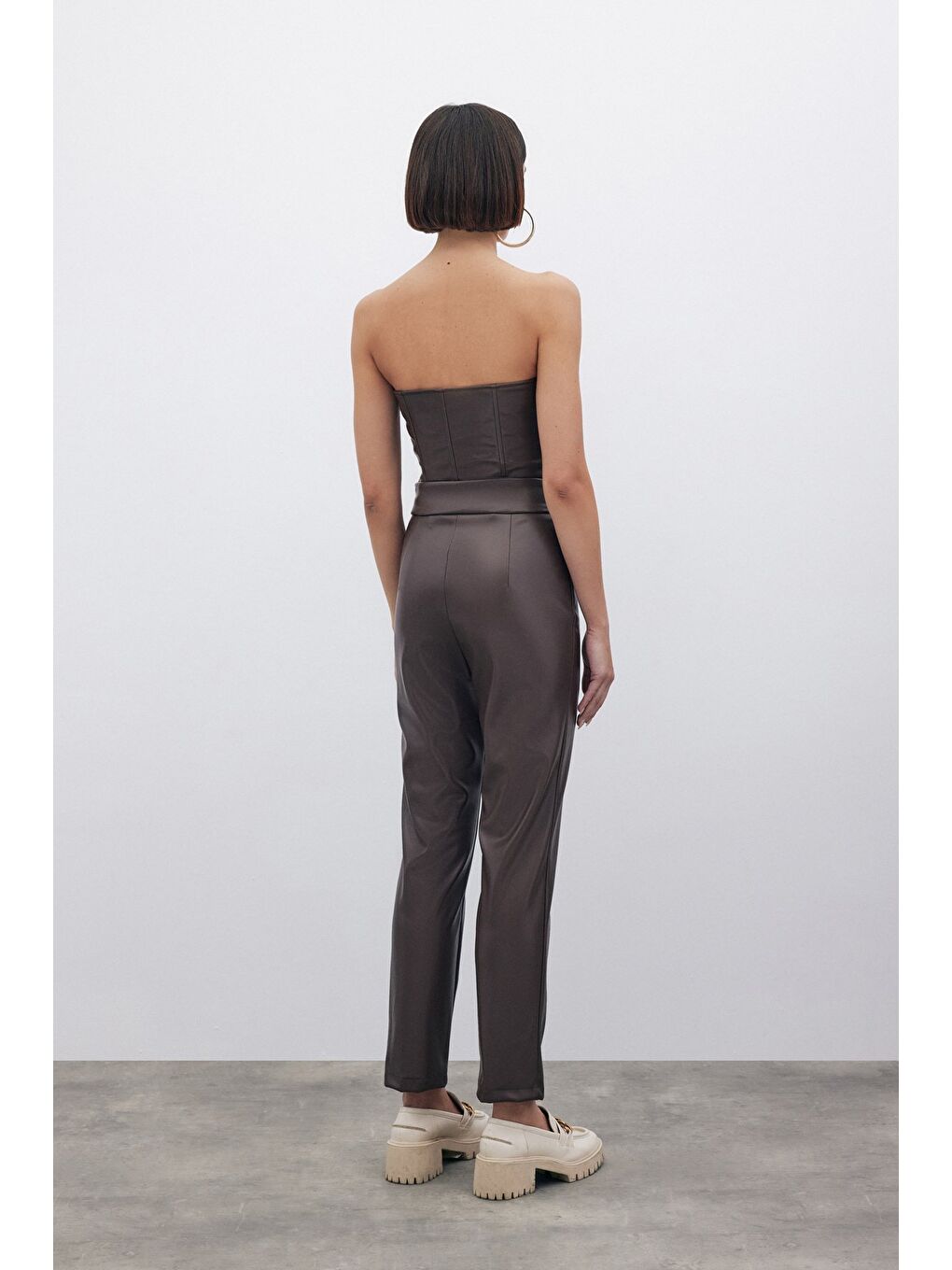 Kahverengi Yüksek Bel Deri Pantolon - Kahve-6