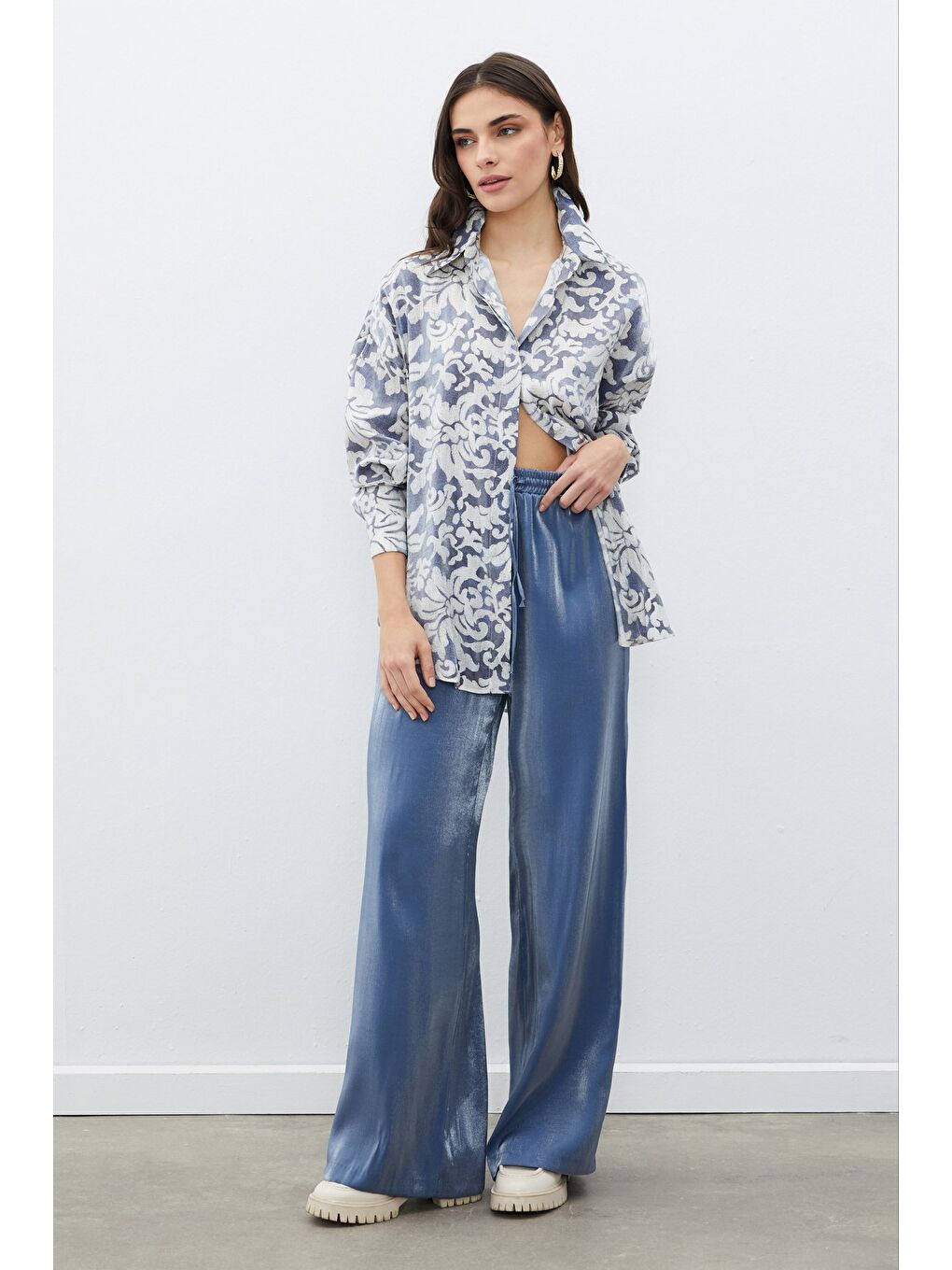 Bel Lastikli Parlak Pantolon - Lacivert-2