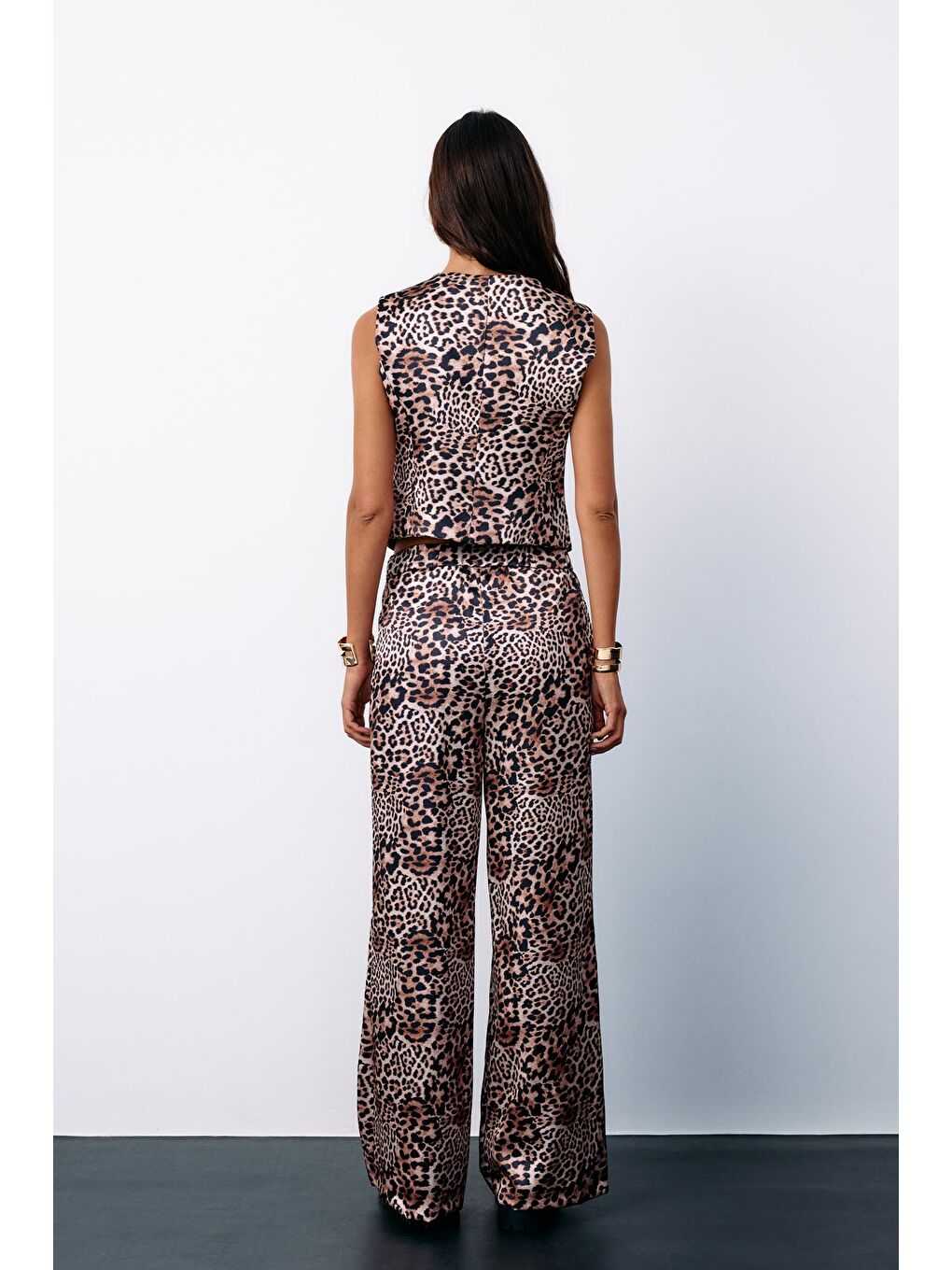 Bej Leopar Desenli Saten Pantolon - Vizon-6