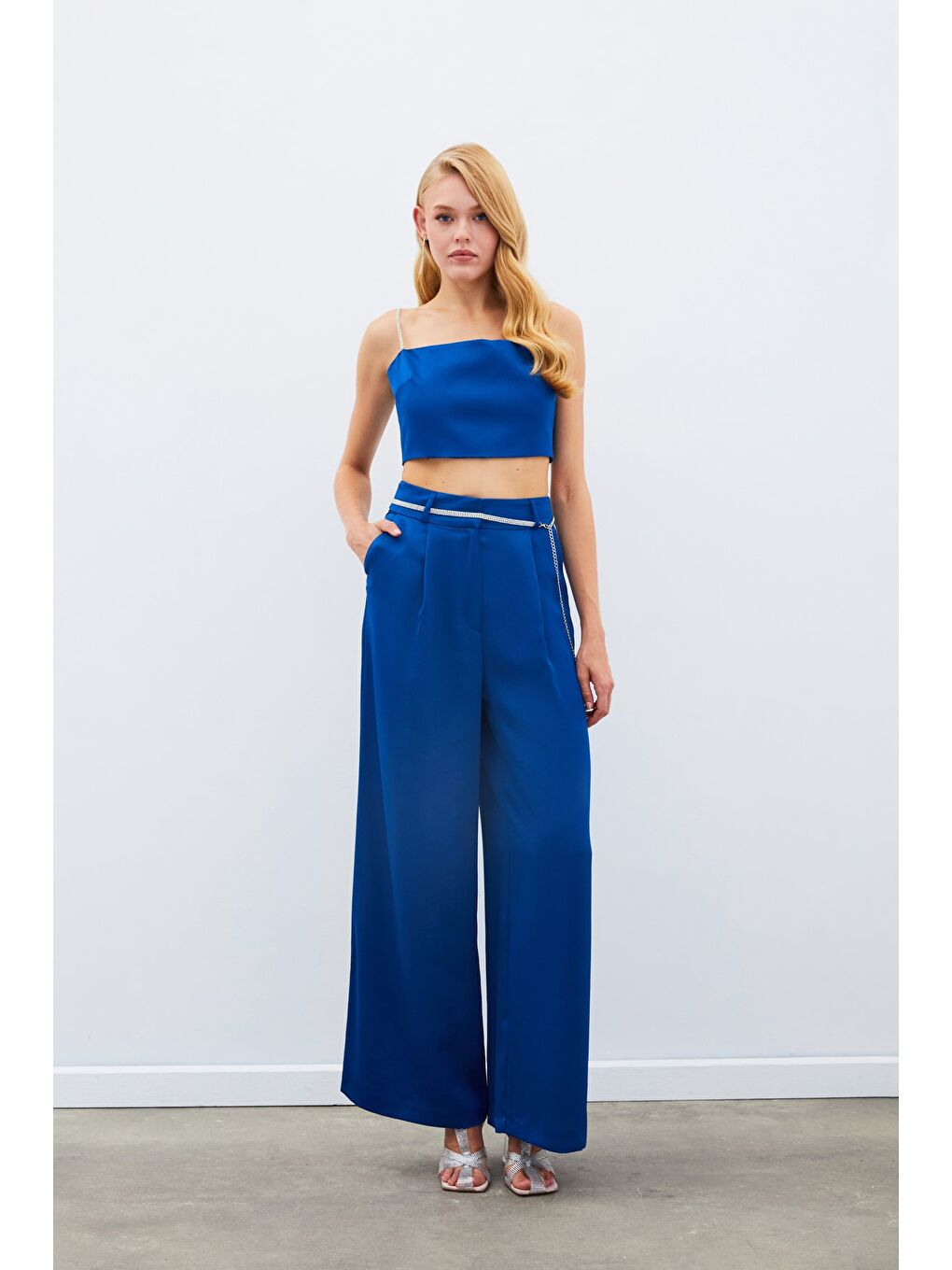 Taş Kemerli Saten Pantolon - Mavi-2