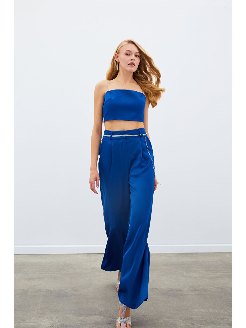 Taş Kemerli Saten Pantolon - Mavi-3