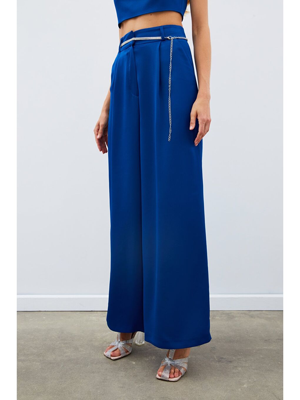 Taş Kemerli Saten Pantolon - Mavi-5