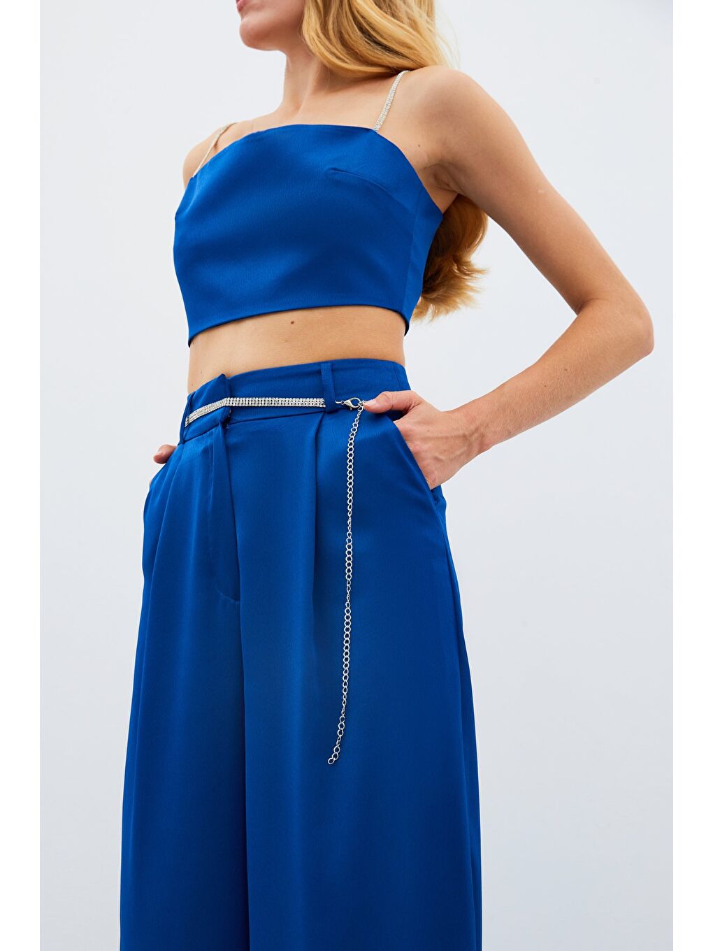 Taş Kemerli Saten Pantolon - Mavi-6