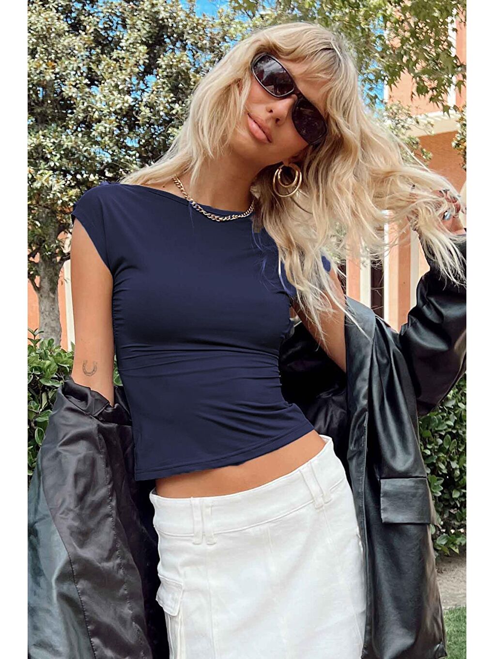 Lacivert Sırt Dekolteli Crop Kadın Bluz Mg1851-4