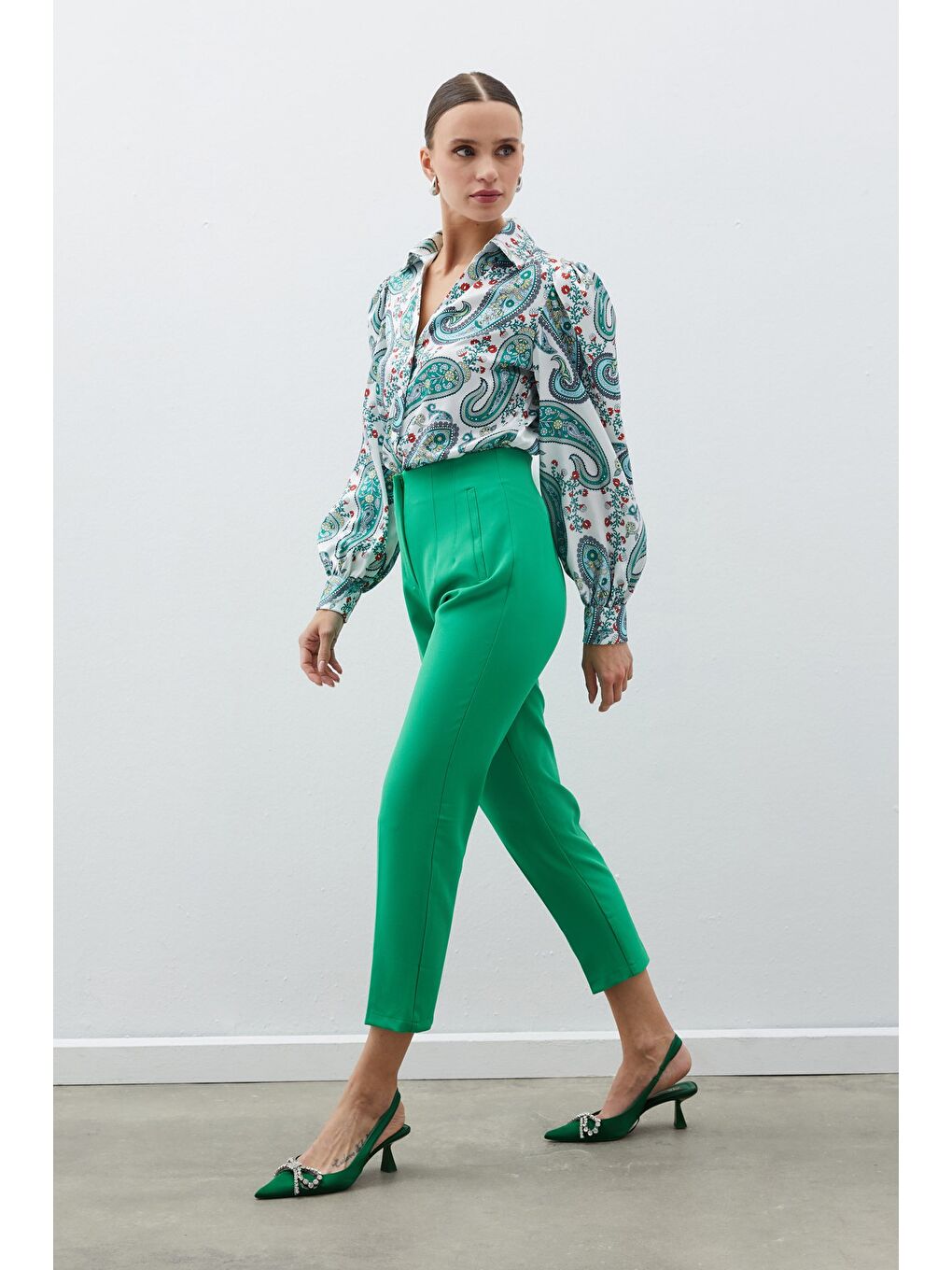 Yüksek Bel Pensli Pantolon - Yeşil-1