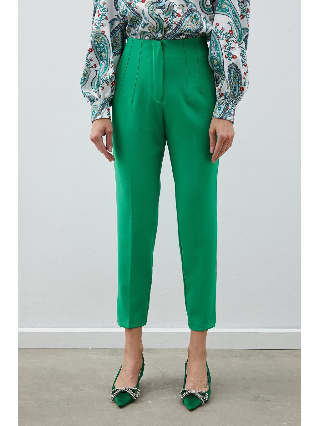 Yüksek Bel Pensli Pantolon - Yeşil-2