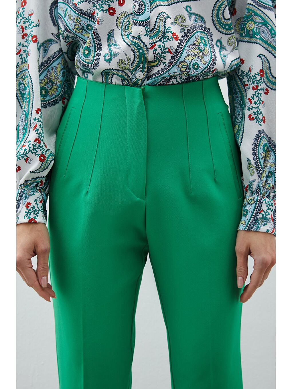 Yüksek Bel Pensli Pantolon - Yeşil-3