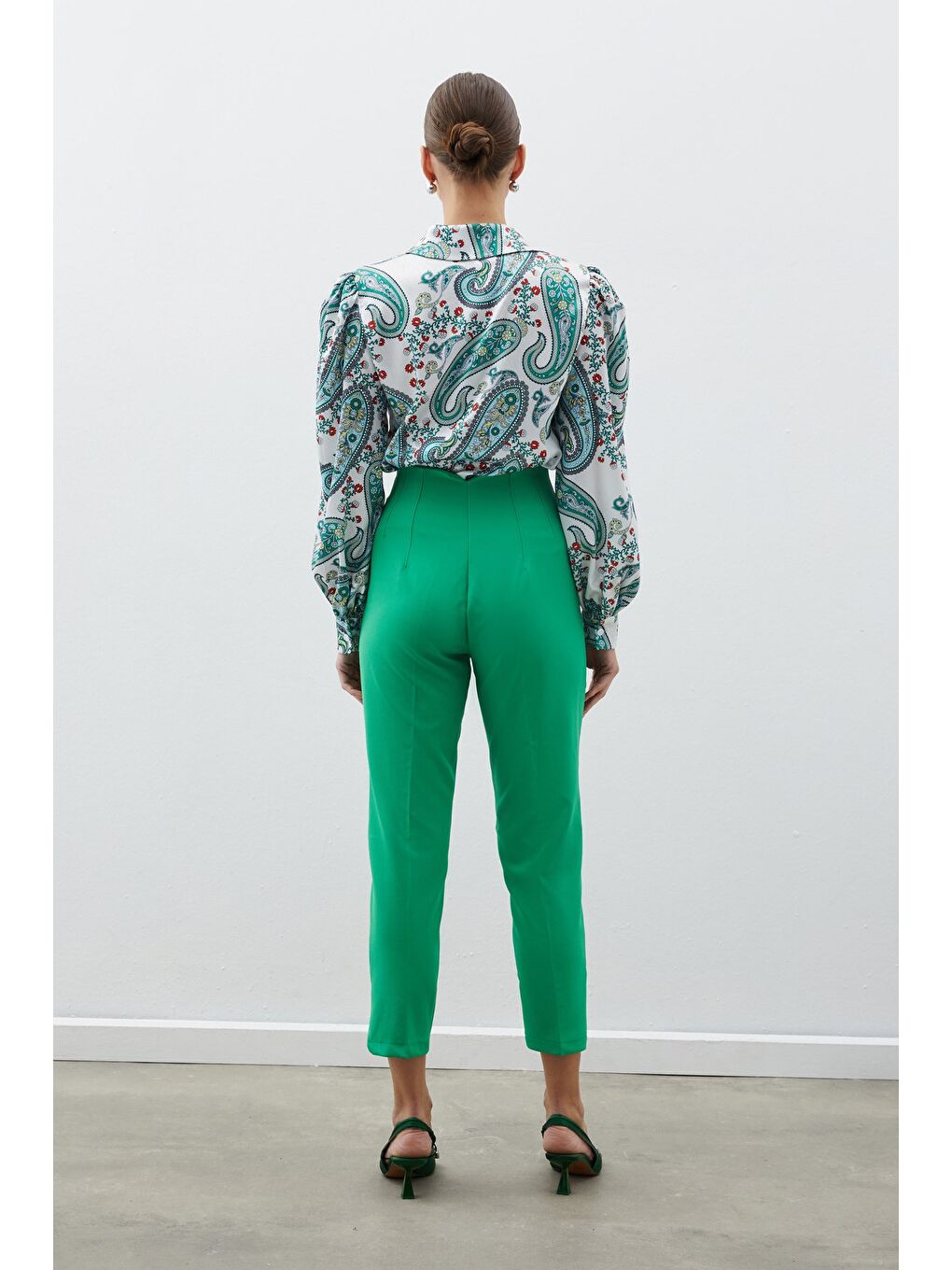 Yüksek Bel Pensli Pantolon - Yeşil-4