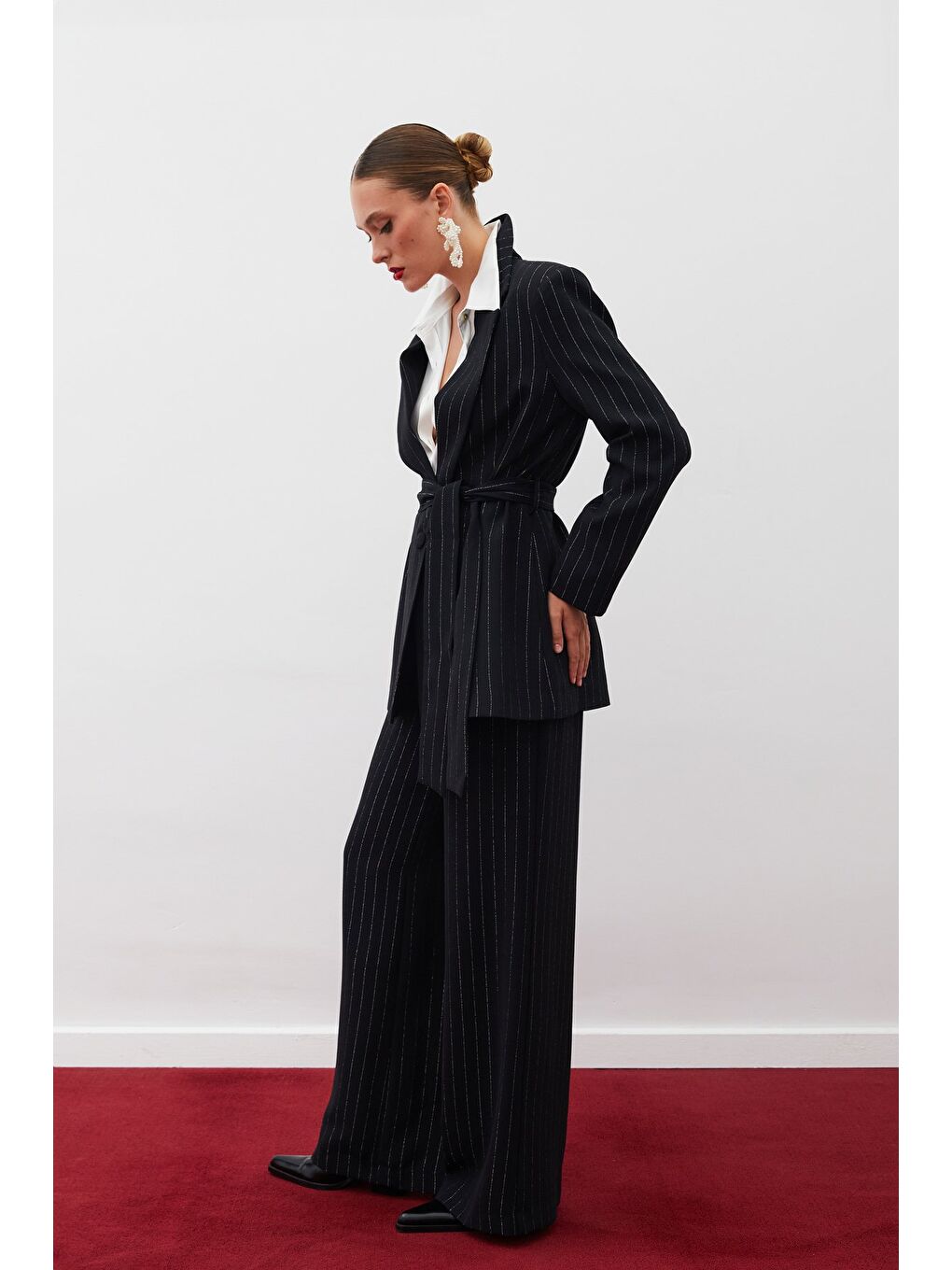 Simli Çizgili Pantolon - Siyah Çizgili-1