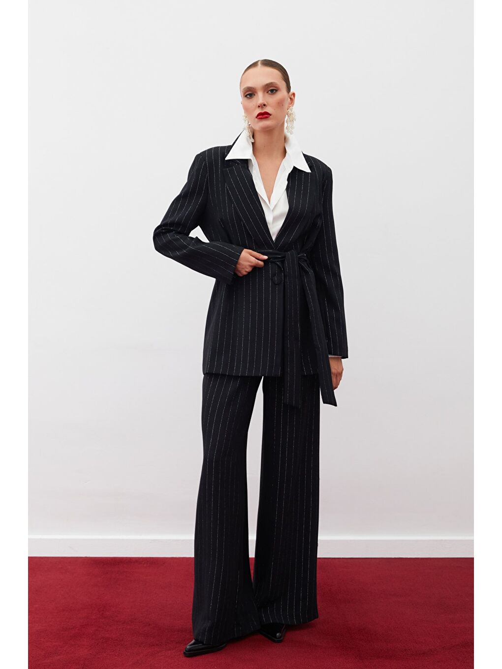 Simli Çizgili Pantolon - Siyah Çizgili-2