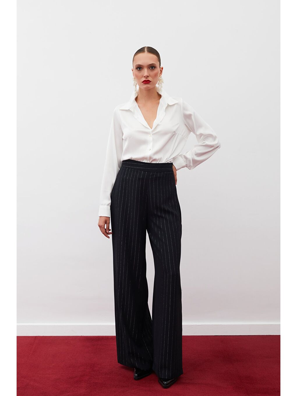 Simli Çizgili Pantolon - Siyah Çizgili-4