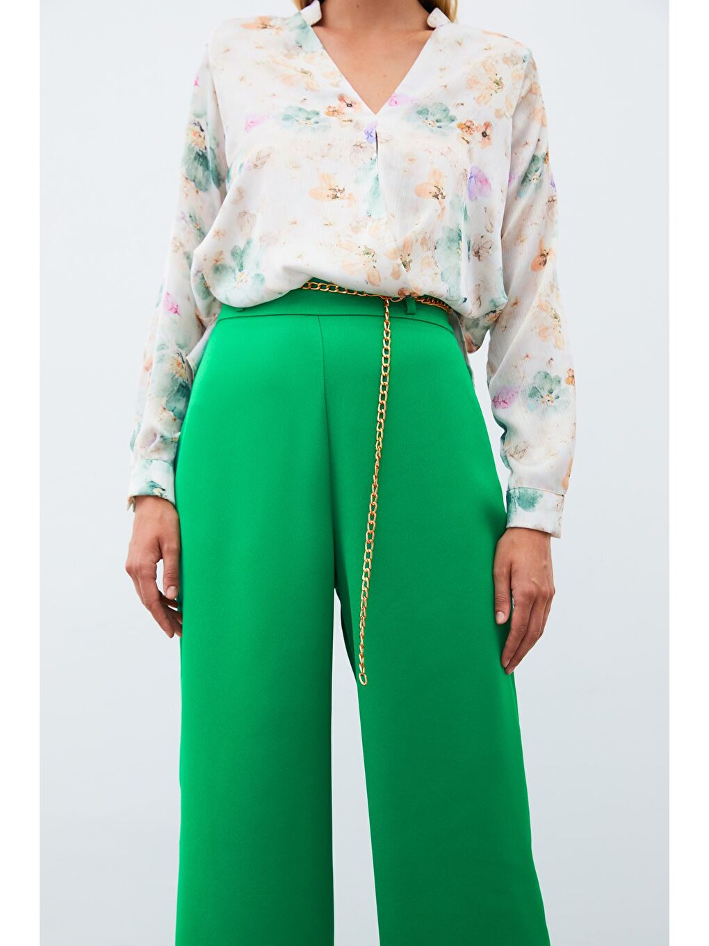 Zincirli Saten Krep Pantolon - Yeşil-3