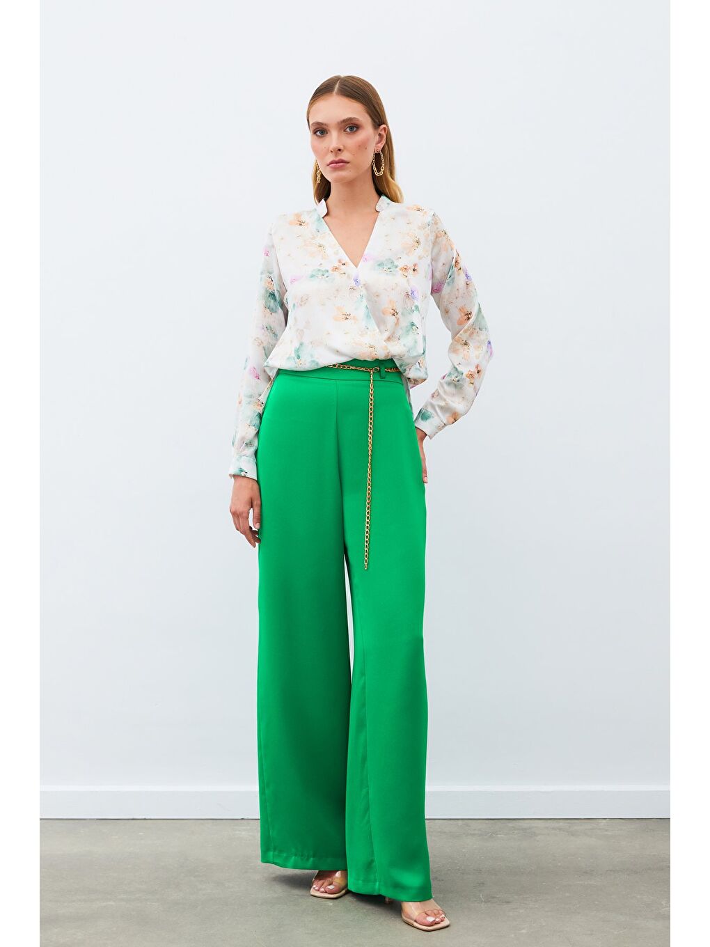 Zincirli Saten Krep Pantolon - Yeşil-6