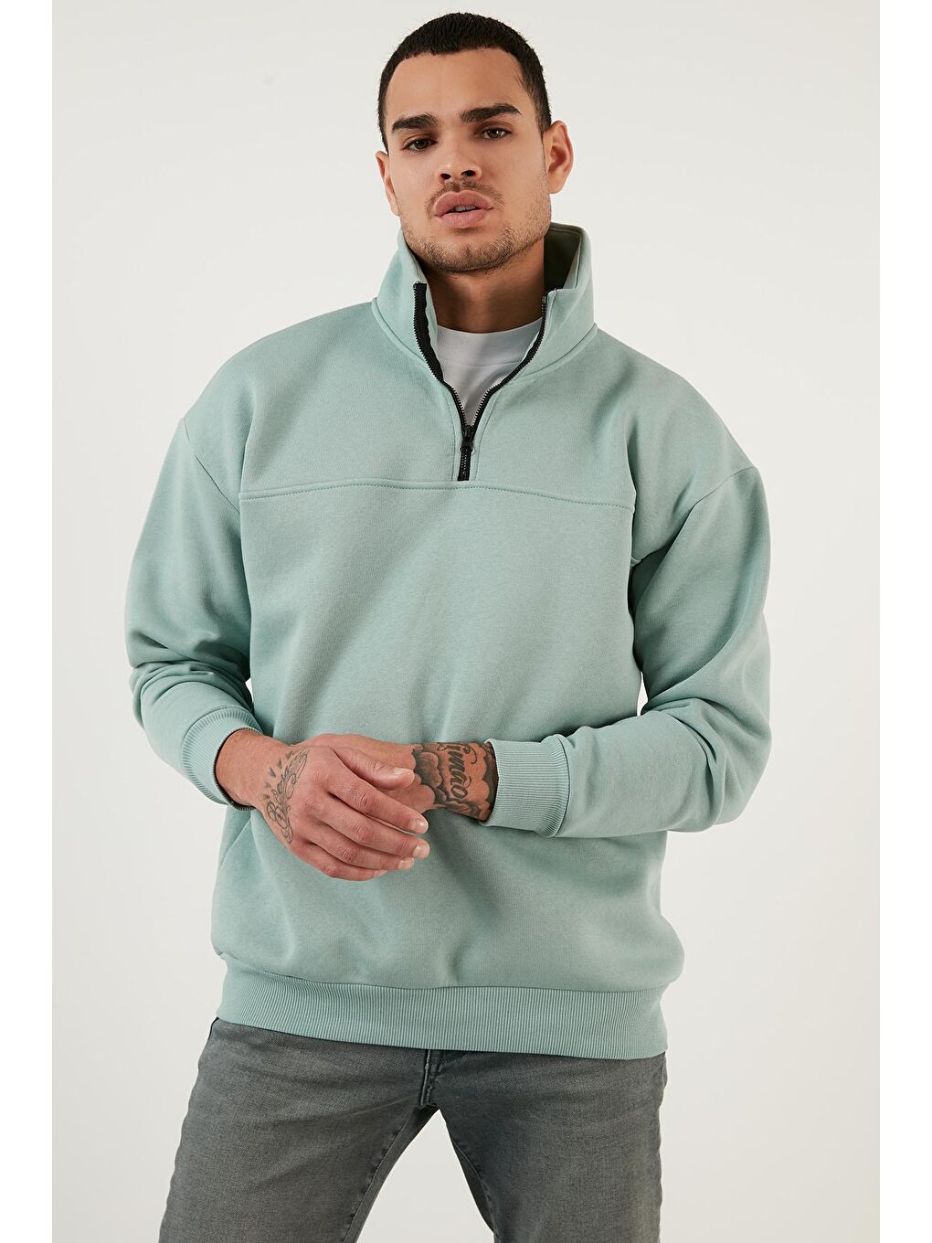 Yeşil Regular Fit Pamuklu İçi Tüylü Yumuşak Şardonlu Kışlık Sweat 59053431-2