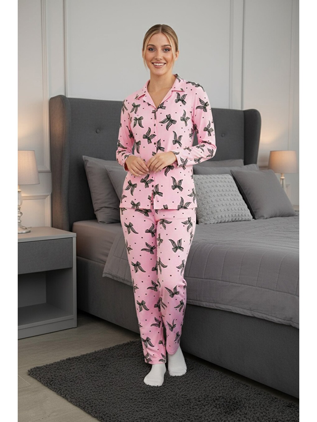 Pembe Çizgili Süet Pijama Takımı-1