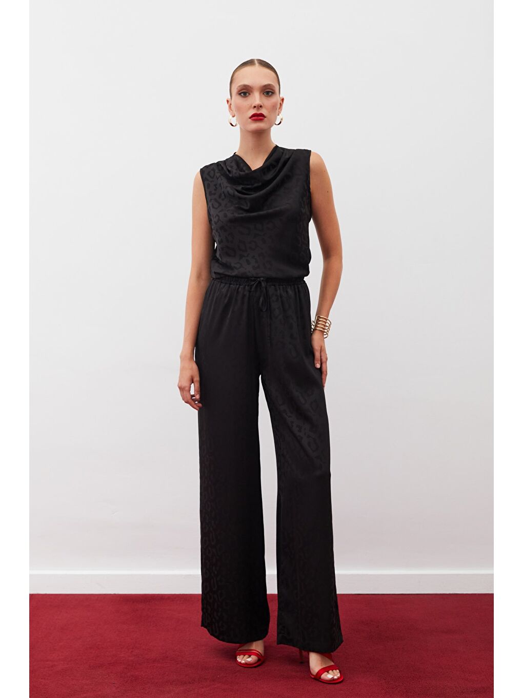 Bel Lastikli Desenli Pantolon - Siyah-2