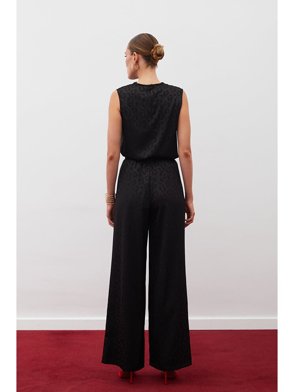 Bel Lastikli Desenli Pantolon - Siyah-4