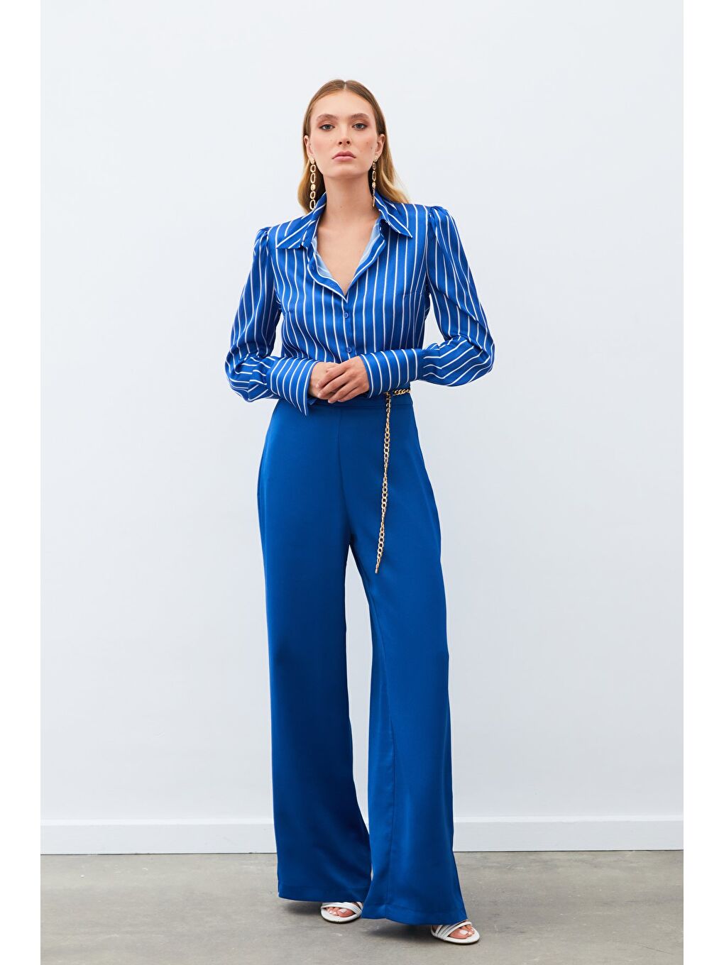 Zincirli Saten Krep Pantolon - İndigo-1