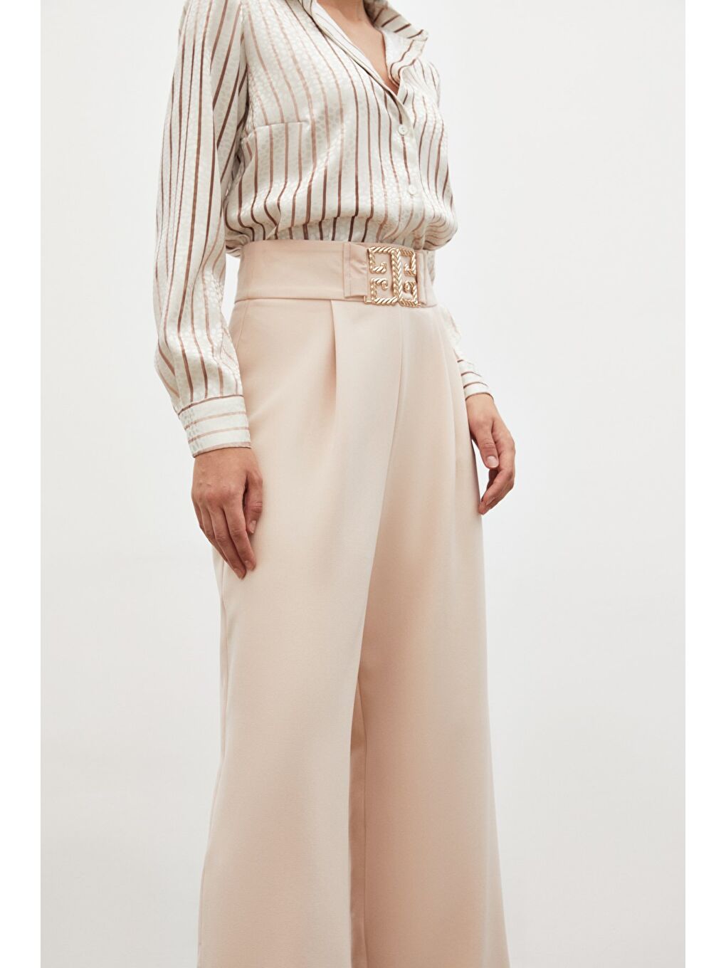 Bel Aksesuarlı Bol Paça Pantolon - Bej-3